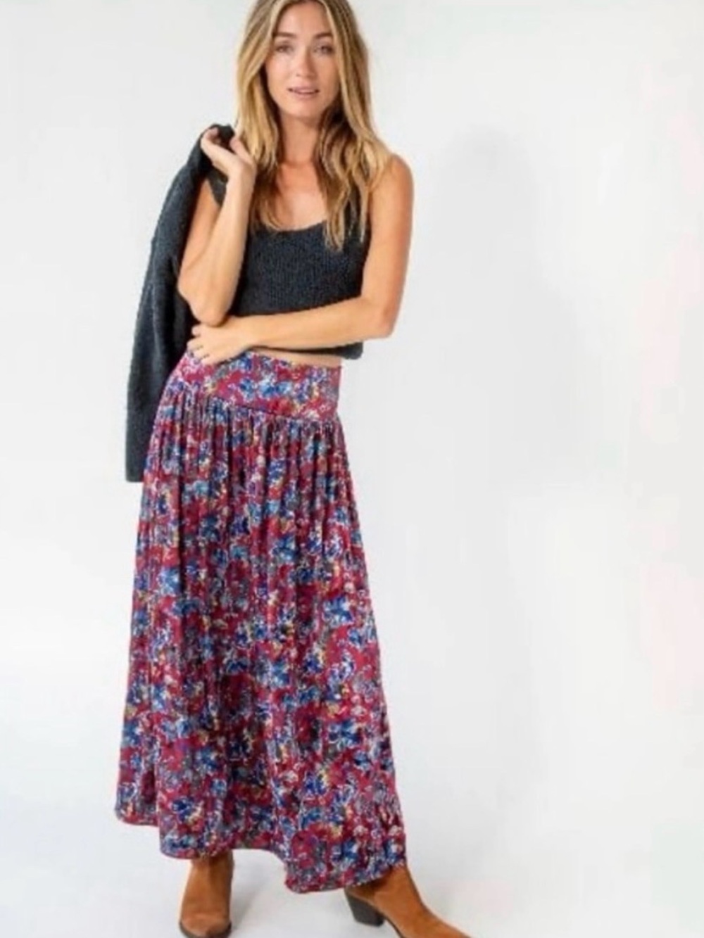 NATURAL LIFE Burgundy and Blue Floral Maxi Skirt